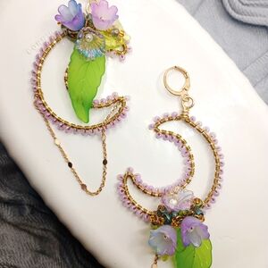 Boho Floral Celestial Glass Beaded Moon shape Dangle/Drop Earrings Artisan Made